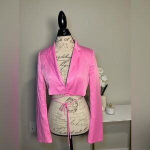 Zara Pink Cropped Blazer with Tie Detail